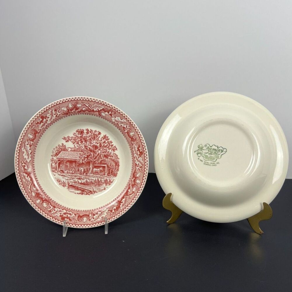 Vintage Royal China Memory Lane Rimmed Soup Bowls 8.5" Red Transferware Set of 4